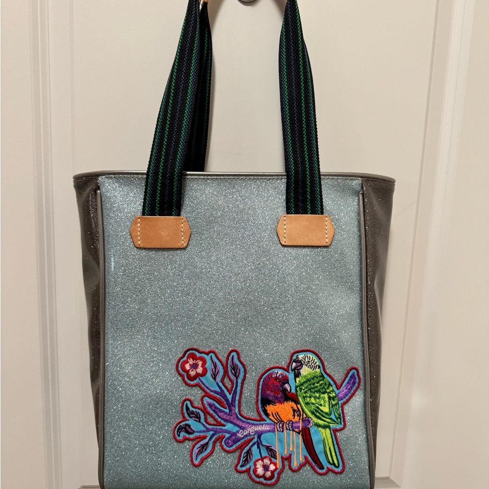 Stylish Consuela Chica Tote Bag with Stiched Parrot Design